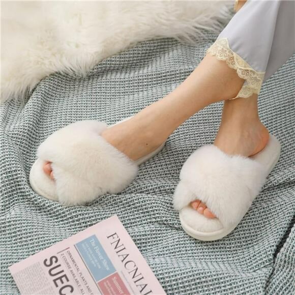 Womens fuzzy slippers open toe memory foam house shoes indoor outdoor comfort - Picture 6 of 7